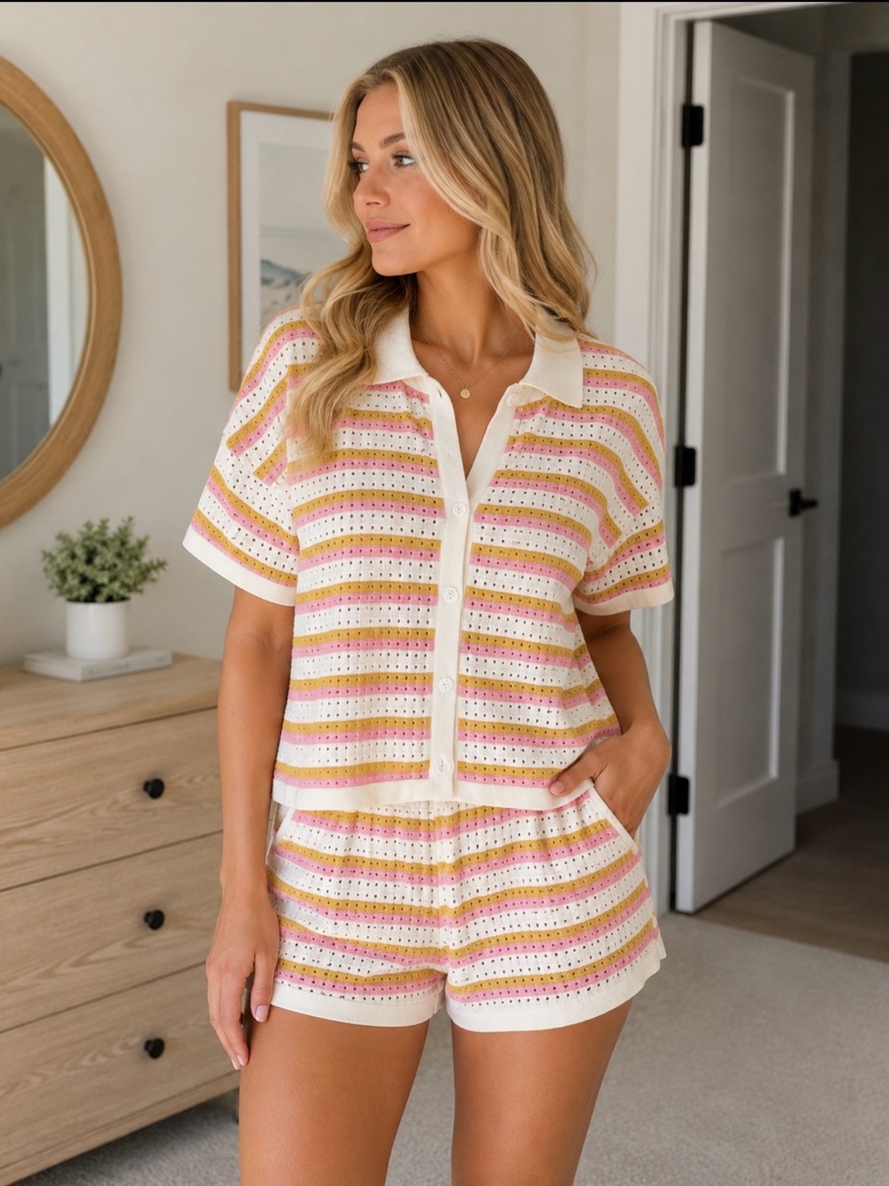 SHEIN Pink & Cream Striped Eyelet Button-Front Lounge Set